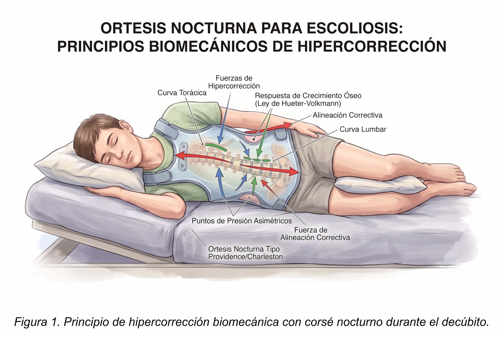 Corsé nocturno de escoliosis aplicando fuerzas de hipercorrección con el cuerpo en decúbito